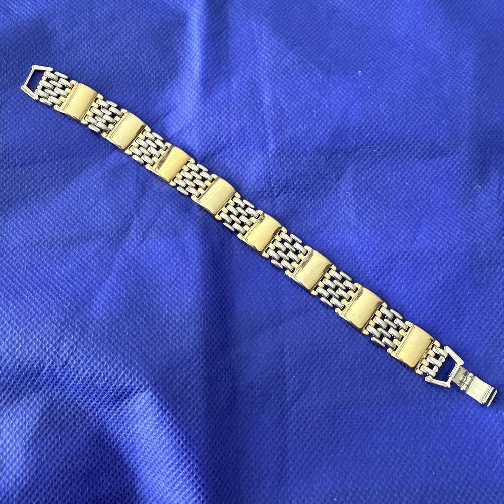 Vtg 80s Silver Gold Tone Wide Chain Panel Bracelet Womens 7.5" Box Clasp Stmt